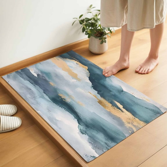 Abstract Cloud Effect Door Mat 16x24 Inch Golden Green Marble Texture Entryway Rug with Non-Slip Rubber, Inside Floor Mats Front Door Rug for Living Room Bathroom Bedroom Home Office