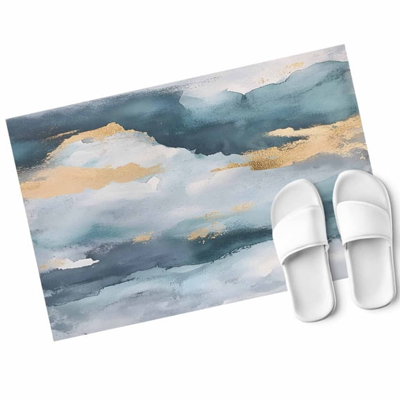 Abstract Cloud Effect Door Mat Golden Green Marble Texture Non Slip Absorbent Entrance Mat Washable Low Profile Indoor Doormat for Front Door Entryway Entry 16"x24"