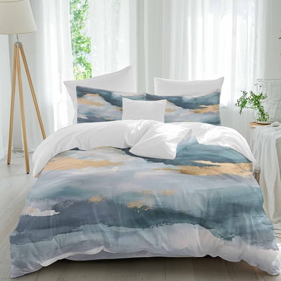 Abstract Cloud Effect Duvet Cover Set Twin Size Golden Green Marble Texture Soft Lightweight Comforter Covers 4 Piece Bedding Set with 1 Duvet Cover 1 Bed Sheet & 2 Pillow Shams