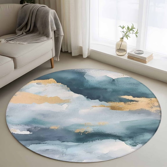 Abstract Cloud Effect Round Rugs for Living Room 3ft Golden Green Marble Texture Non Slip Circle Rug Washable Low-Profile Indoor Carpet for Bedroom, Dining Room, Bathroom