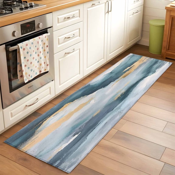 Abstract Cloud Effect Runner Rug for Hallway 2x6ft, Golden Green Marble Texture Non Slip Floor Mat Washable Low-Profile Indoor Carpet for Living Room, Bedroom, Dining Room