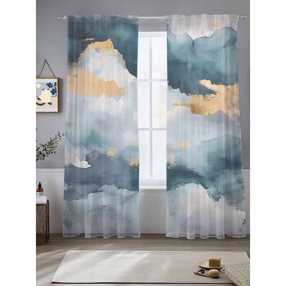 Abstract Cloud Effect Sheer Curtains 108 Inches Long 2 Panels Golden Green Marble Texture Light Filtering Semi Sheer Window Curtains Drapes for Bedroom Living Room 52"x108"