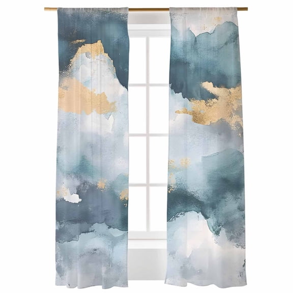 Abstract Cloud Effect Sheer Curtains 108 inches Long 2 Panels Set Golden Green Marble Texture Sheer Window Curtain Rod Pocket Voile Drapes for Living Room/Bedroom, Each 52" W x 108" L