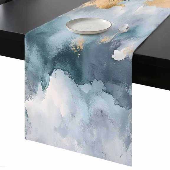 Abstract Cloud Effect Table Runner 13x60 Inch Golden Green Marble Texture Table Runner Non-Slip Dresser Scarves for Holiday Decorations, Party, Dinner and Gatherings, 1 Pack