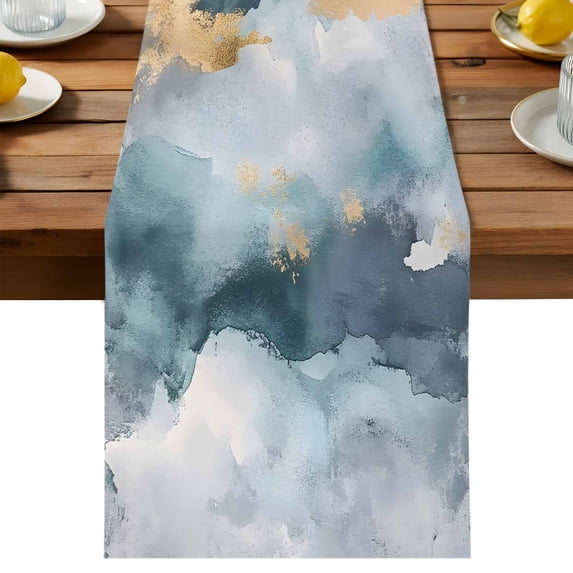 Abstract Cloud Effect Table Runner, Golden Green Marble Texture Cotton ...