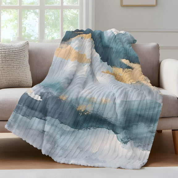 Abstract Cloud Effect Throw Blanket for Couch Golden Green Marble Texture Soft and Warm Flannel 3D Striped Fluffy Fuzzy Fleece Blanket Lightweight Throw for Bed, Sofa 40 x 50 Inches