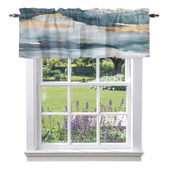 Abstract Cloud Effect Valances for Windows, Golden Green Marble Texture Valance Window Treatment Rod Pocket Short Curtains Valances for Kitchen Bathroom 42"W x 12"L