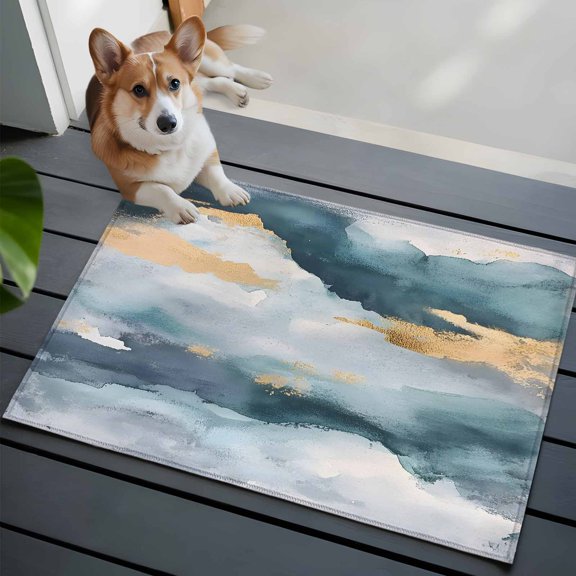 Abstract Cloud Effect Washable Area Rug 2x3 111 Golden Green Marble Texture Low-Profile Area Rugs with Non Slip Backing Indoor Floor Carpet for Entrance Living Room Bedroom Home Office