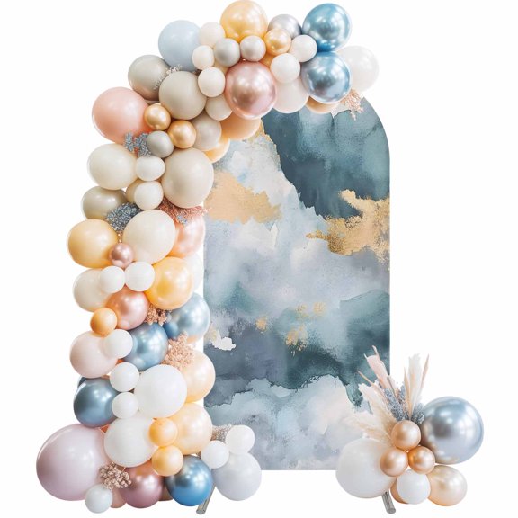 Abstract Cloud Effect Wedding Arch Backdrop Cover 4FT ,Spandex Fitted Golden Green Marble Texture Wedding Arch Covers Round Top Chiara Arches Backdrop Stand Cover for Birthday Party Ceremony Banquet