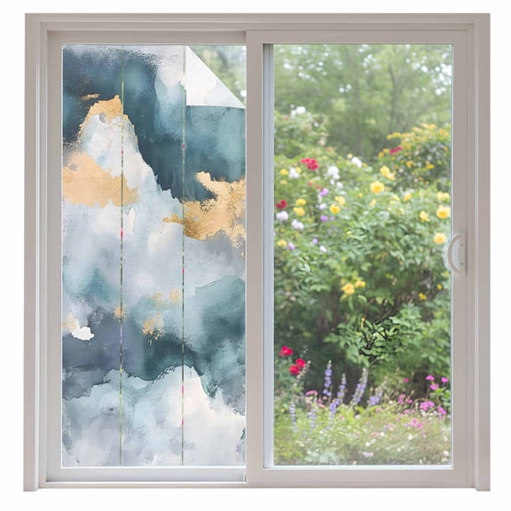 Abstract Cloud Effect Window Privacy Film Golden Green Marble Texture Decorative Glass Window Film UV Blocking Static Cling Non-Adhesive Sticker Covering for Home Door 35.4x78.7 inches