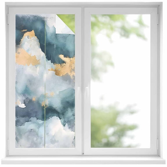 Abstract Cloud Effect Window Privacy Film Golden Green Marble Texture Decorative Glass Window Film UV Blocking Static Cling Non-Adhesive Sticker Covering for Home Door 17.7 x 39.3 inches