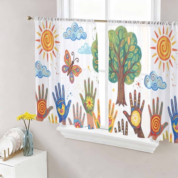 Abstract Cloud Sheer Curtains for Living Room Bedroom, Green Tree Flower Hand Painting Sun Butterfly Light Filtering Sheer Curtain Rod Pocket Voile Window Treaments Drapes, 52 x 54 Inches
