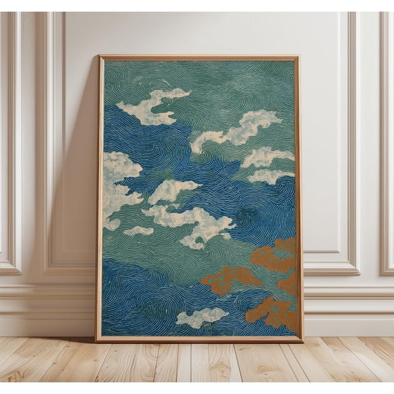 Abstract Cloud Wall Art Print Swirling Sky And Wind Pattern Illustration Japanese Inspired