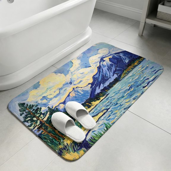 Abstract Coastal Bathroom Rugs Non Slip Washable Bath Mat Absorbent Front Door Mat Ocean Oil Painting Mountains Forest Waves Indoor Doormat for Kitchen Entryway Shower Decor Accessories 15.7"x23.6"