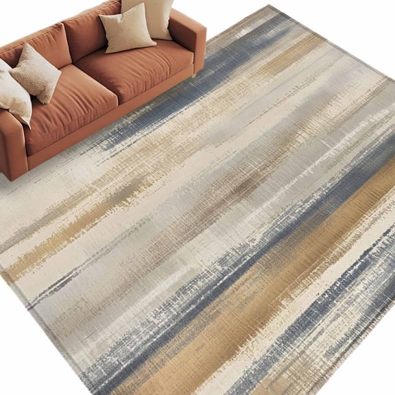 Abstract Coastal Landscape Area Rug, Modern Retro Mottled Beige Blue Rectangular Non-Slip Absorbent Washable Area Rug Felt Rubber Backing Indoor Carpet for Bedroom Living Room 9x12ft