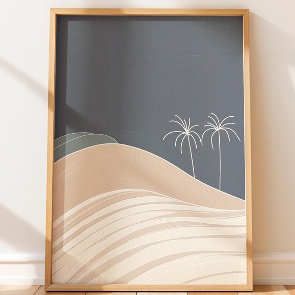 Abstract Coastal Line Minimal Wall Décor Serene Wave Perspective Palm Tree Illustration Neutral Decorative Wall Art Poster , Poster Print Only