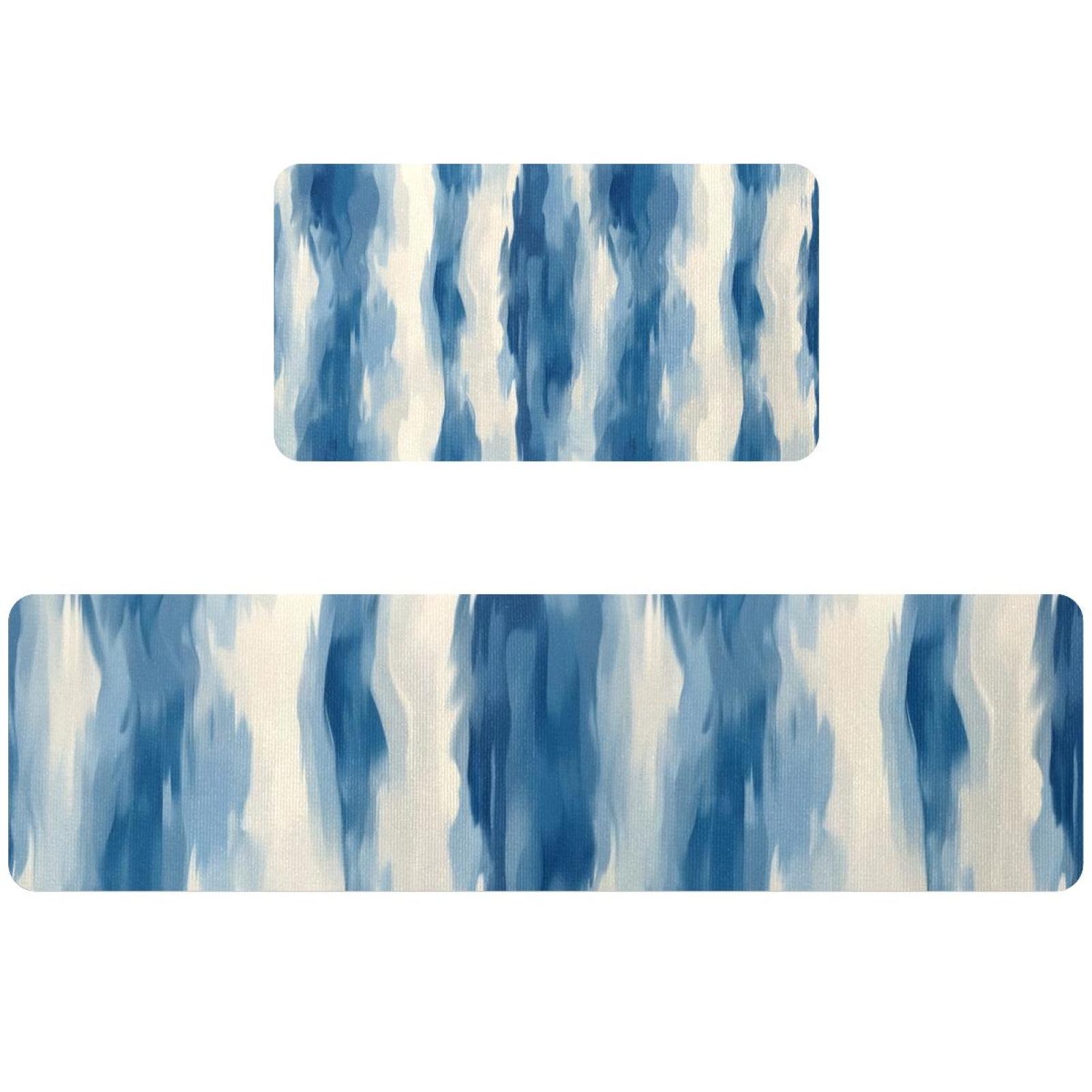 Abstract Coastal Nautical Blue Stripes Kitchen Mat Set of 2, Cushioned