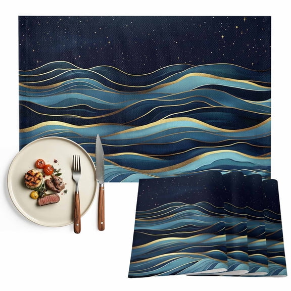 Abstract Coastal Placemats Set of 8, Watercolor Star Sky Waves Sea Table Mats Washable Heat-Resistant Non-Slip Place Mats for Kitchen Dinner Table Indoor Outdoor Decor,13x19 Inch Blue Gold