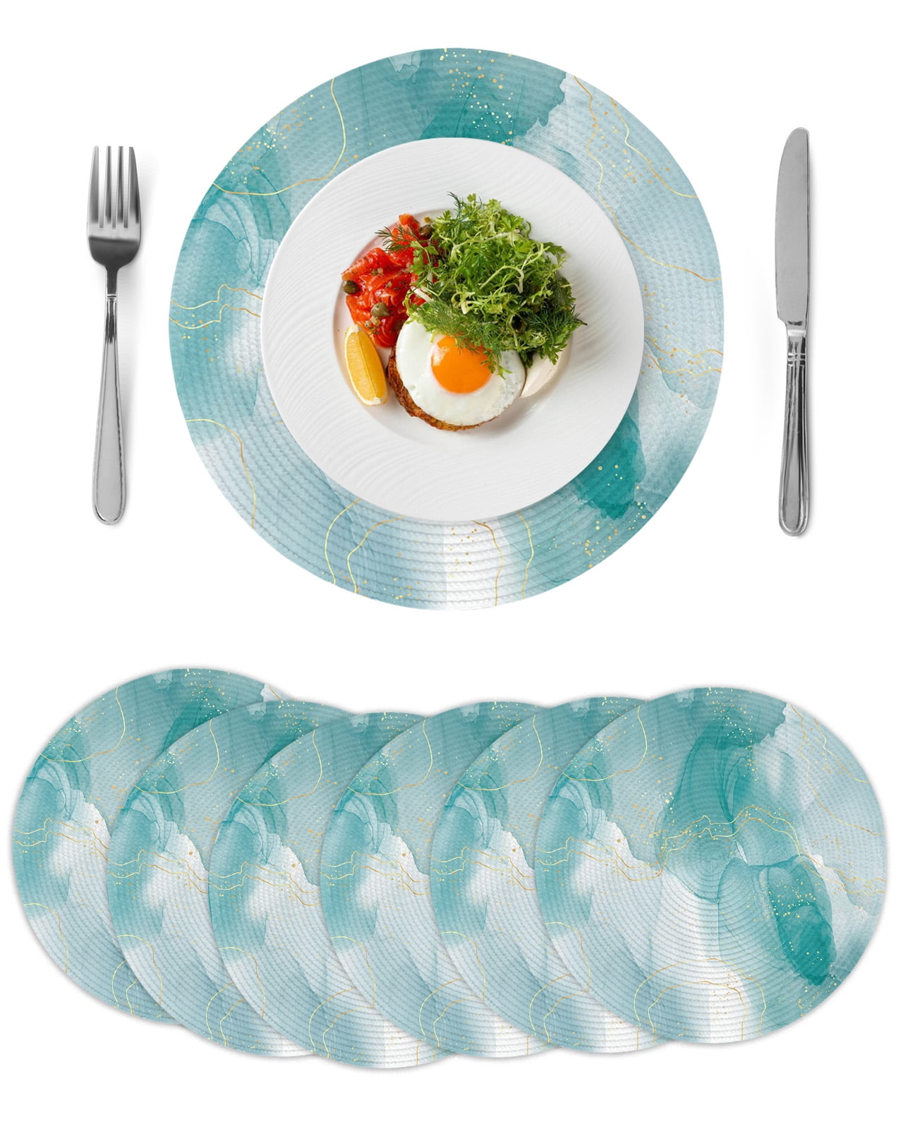 Abstract Coastal Round Table Placemats set of 6, Blue Green Gold Lines Washable Woven Place Mats for Dining Tables Kitchen Party Decor,Heat Proof, 13in,