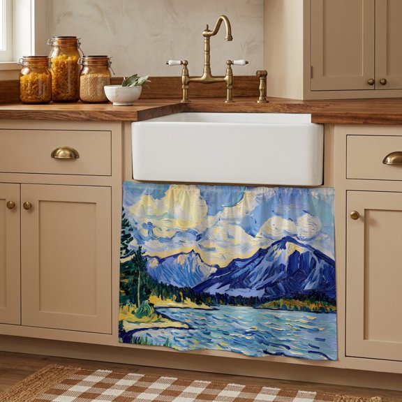 Abstract Coastal Small Cabinet Curtains 10"W x 11"L, Ocean Oil Painting Mountains Forest Waves Sink Skirt Dust-Proof Short Curtain for Bathroom Vanity Storage Cubby Desk, Self Adhesive Privacy Drapes