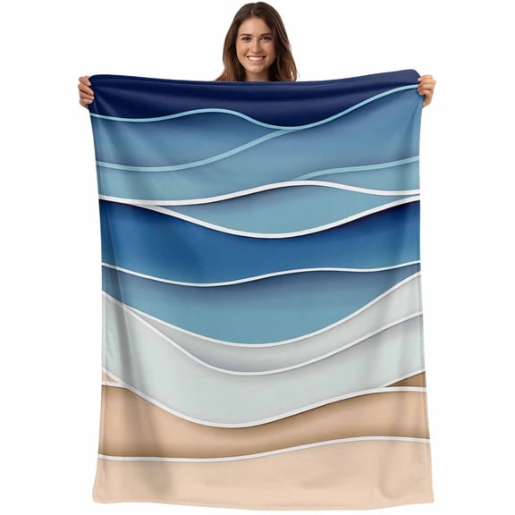 Abstract Coastal Throw Blankets, Wave Pattern Beach Soft Fleece Blanket Decorative for Home Sofa Couch Chair Living Bedroom, 30x40 Inches, Navy Blue Sandy Brown