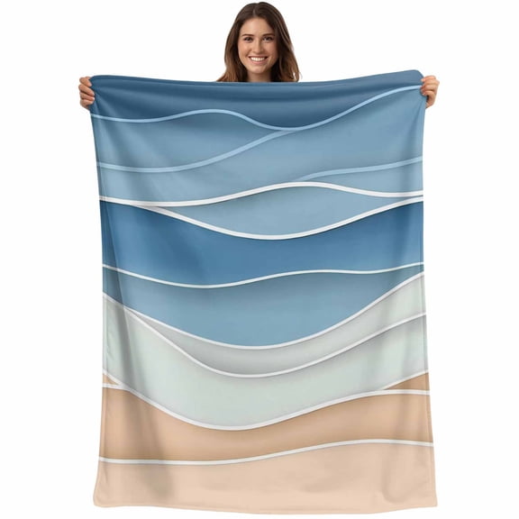 Abstract Coastal Throw Blankets, Wave Pattern Beach Soft Fleece Blanket Decorative for Home Sofa Couch Chair Living Bedroom, 30x40 Inches, Steel Blue Sandy Brown