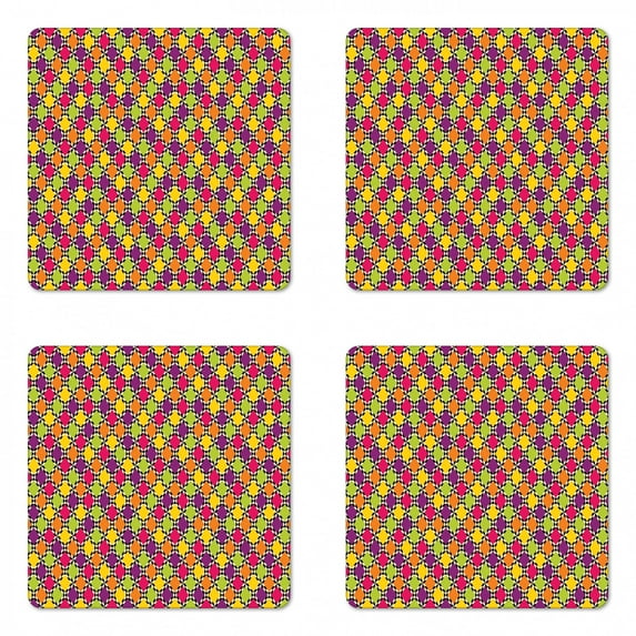 Abstract Coaster Set of 4, Funky Modern Colorful Diamond Shapes with Bicolor Stripes Retro Style Pattern, Square Hardboard Gloss Coasters, Standard Size, Multicolor, by Ambesonne