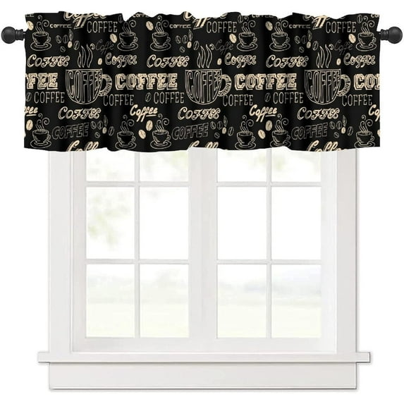 Abstract Coffee Valance Curtain,Modern Rustic Vintage Hand Painted Abstract Coffee Theme Window Treatment Valance Rod Pocket Curtain for Café Home Decor 54x18inch