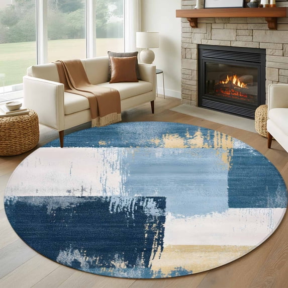 Abstract Collage Art 8FT Round Area Rugs for Living Room 111 Vintage Blue Oil Painting Theme Ultra-Thin Non-Slip Round Rugs Machine Washable Low Pile Circle Carpet for Bedroom Kitchen Nursery