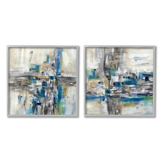 Abstract Collage Chaotic Brush Strokes Abstract Painting Gray Framed Art Print Wall Art, Set of 2