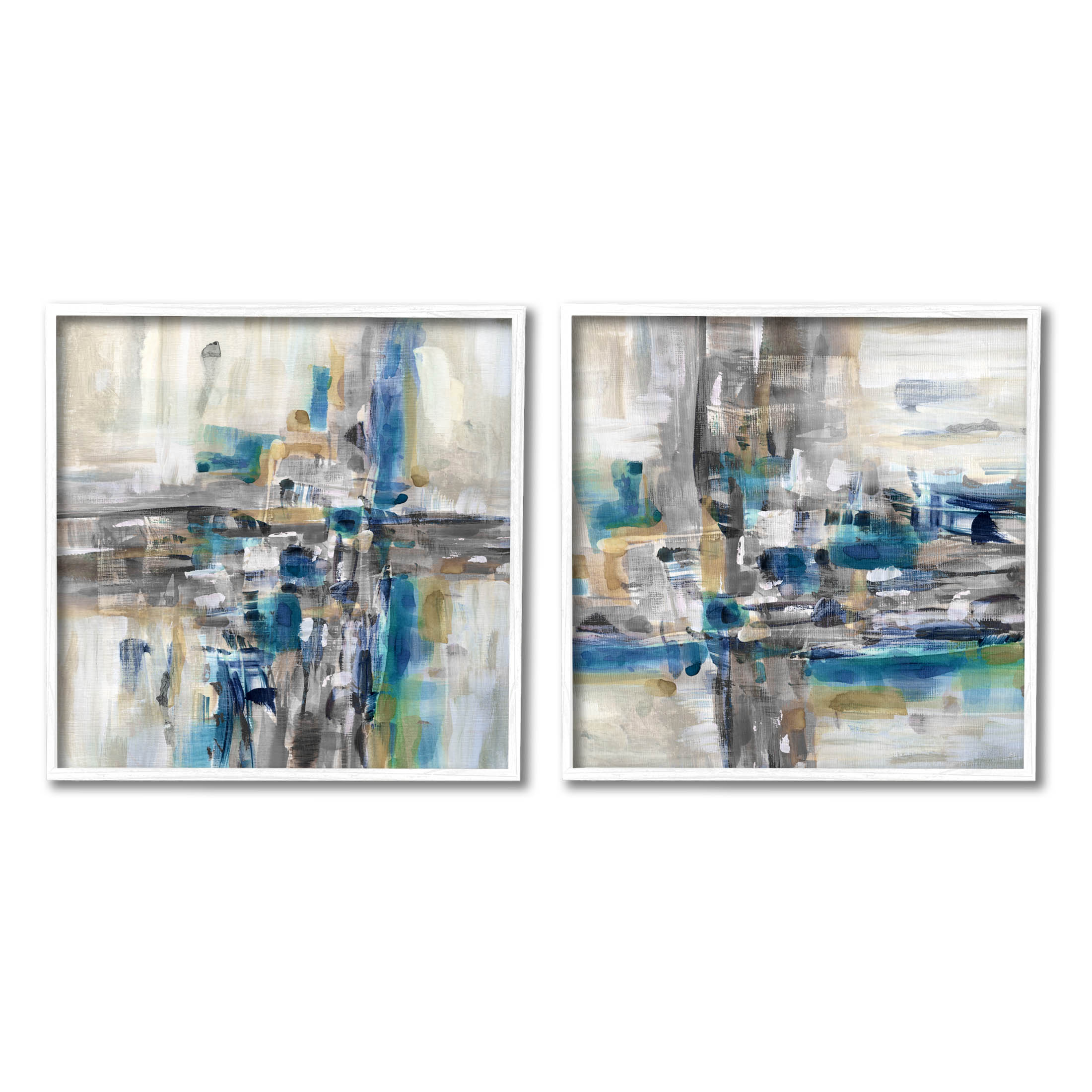 Abstract Collage Chaotic Brush Strokes Abstract Painting White Framed Art Print Wall Art, Set of 2