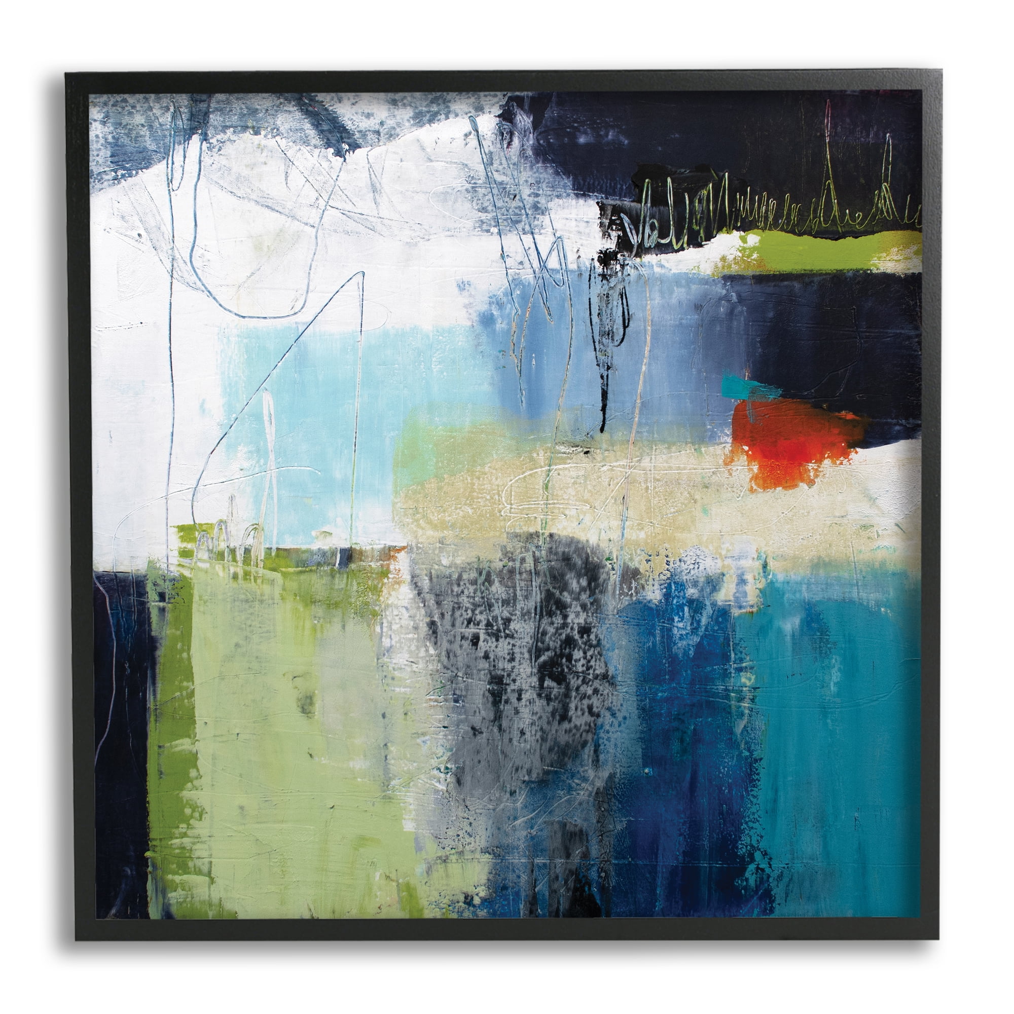 Abstract Collage of Chaotic Shapes Blue Green Abstract Framed Art Print Wall Art, 17x17