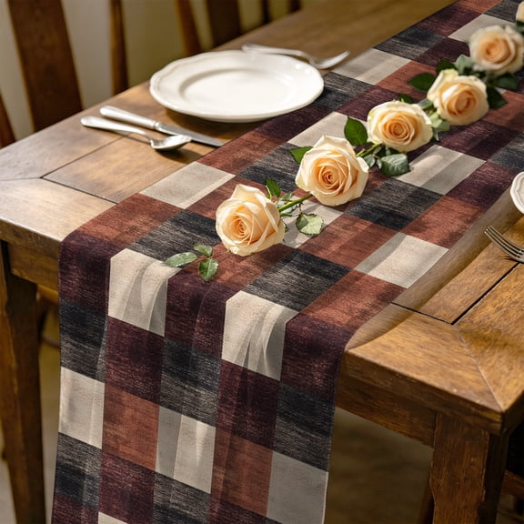 Abstract Color Block 4.5 ft Cheesecloth Table Runner for Wedding 19"x55", Black Brown Geometric Art Deco Kitchen Dinner Sheer Tulle Chiffon Dresser Scarf, Holiday Party Decorations