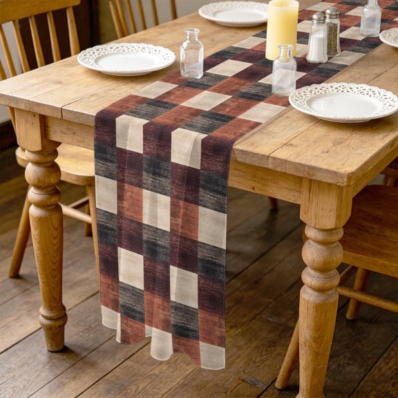 Abstract Color Block 4.5ft Cheesecloth Table Runner for Dining 19"x55", Black Brown Geometric Art Deco Kitchen Dinner Sheer Tulle Chiffon Dresser Scarf, Holiday Party Decorations