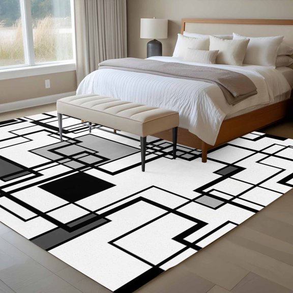 Abstract Color Block 6x9 Rug for Dining Room Table and Chair Setup, Black Gray Rectangular Geometric Modern Low Pile Washable Non Slip Rectangle Area Rug