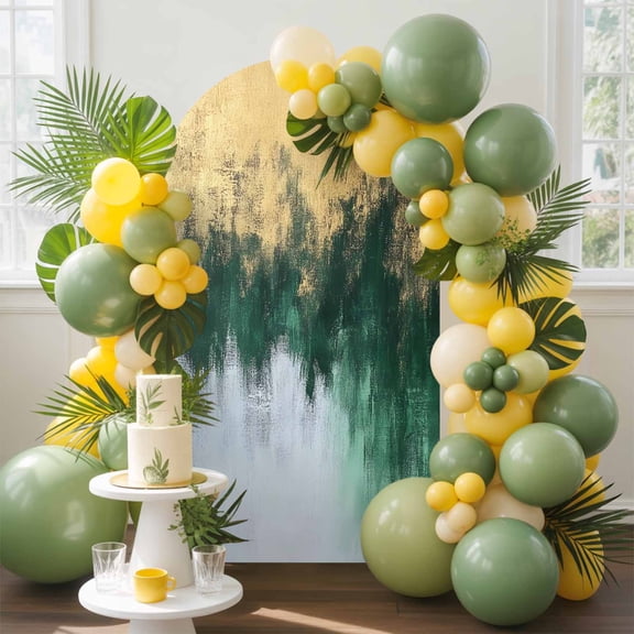 Abstract Color Block Arch Backdrop Cover, 6.6FT, Gradient Gold Green Impressionist Spandex Arch Covers Double-Sided Backdrop for Wedding Birthday Party Photo Background Decoration