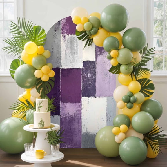 Abstract Color Block Arch Backdrop Cover, 6.6FT, Purple Block Oil Painting Gradient Gray Spandex Arch Covers Double-Sided Backdrop for Wedding Birthday Party Photo Background Decoration