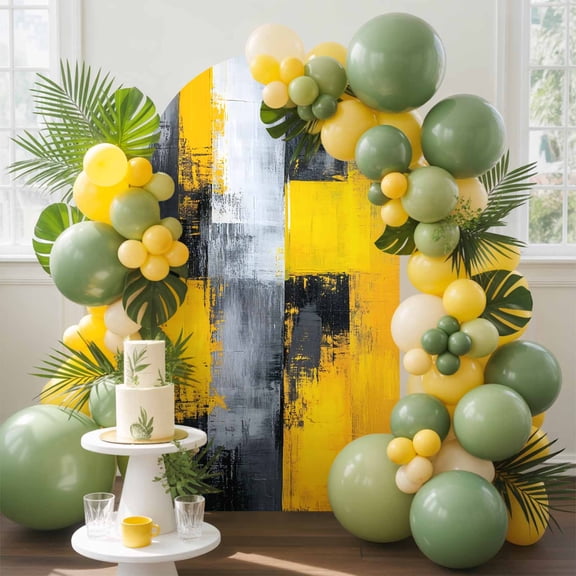 Abstract Color Block Arch Backdrop Cover, 6.6FT, Yellow Block Gradient Gray Modern Spandex Arch Covers Double-Sided Backdrop for Wedding Birthday Party Photo Background Decoration
