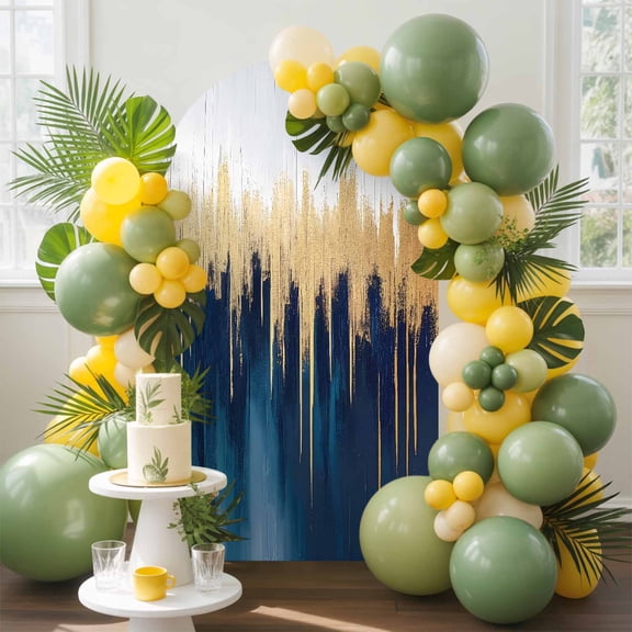 Abstract Color Block Arch Backdrop Cover, 7.2FT, Blue Block Gradient Gold Modern Spandex Arch Covers Double-Sided Backdrop for Wedding Birthday Party Photo Background Decoration