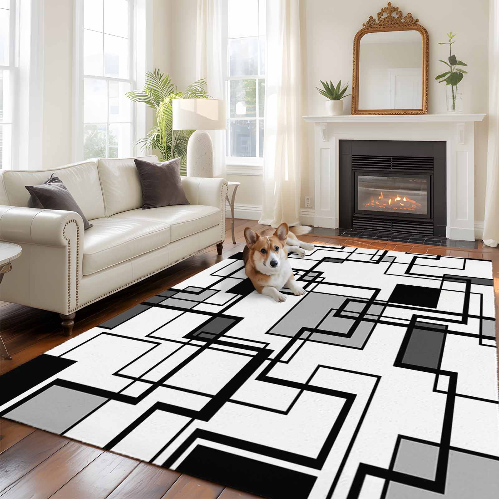 Abstract Color Block Area Rugs 5x7 ft Black Gray Rectangular Geometric ...