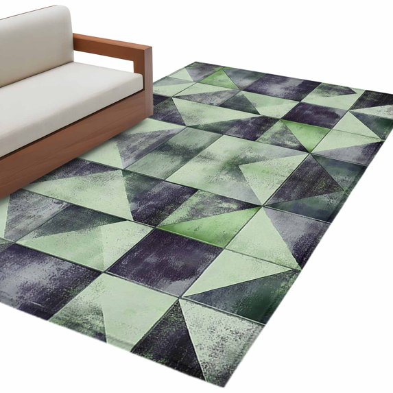 Abstract Color Block Area&nbsp;Rug 2.7x5ft Green Grey Triangle Modernism Non-Slip&nbsp;Washable Square&nbsp;Rugs Soft Felt Indoor Floor Mat for Bedroom Kitchen Living Room Bathroom