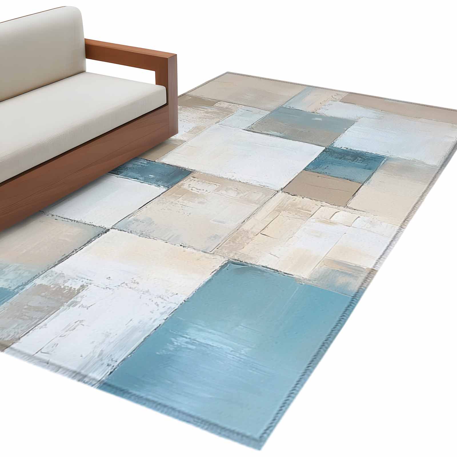 Abstract Color Block Area Rug 3x5ft Blue Beige Geometric Oil Painting ...