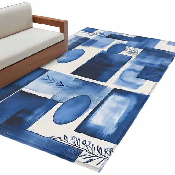 Abstract Color Block Area Rug 4x6ft Blue White Leave Geometric Vintage ...
