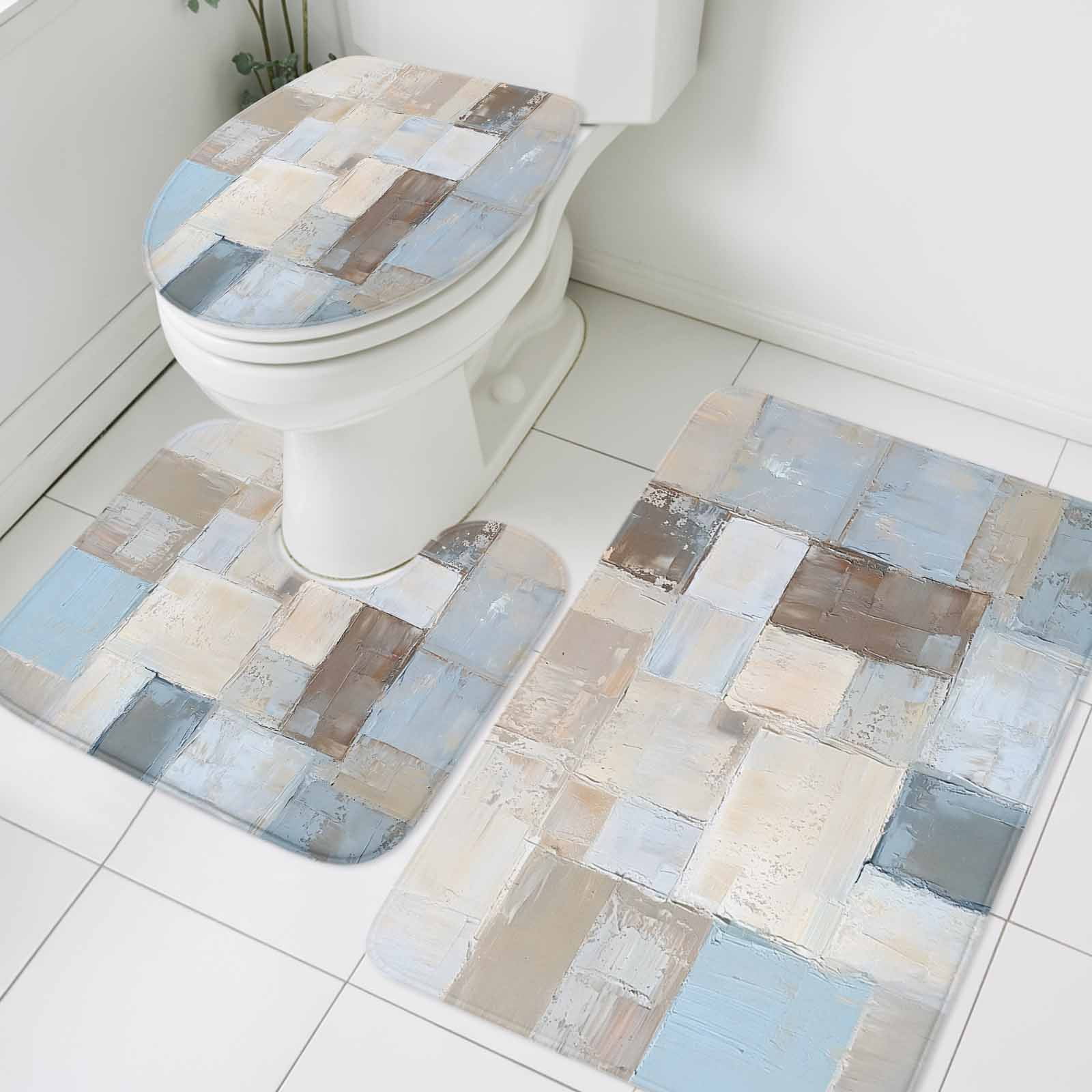 Abstract Color Block Bathroom Rugs Set Beige Brown Geometric Oil ...