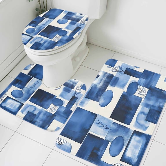 Abstract Color Block Bathroom Rugs Set Blue White Leave Geometric Vintage Art Non Slip Absorbent Soft Bath Mats 3 Piece Set with Bathroom Rug, U-Shaped Floor Mat, Toilet Seat Cover Large Size