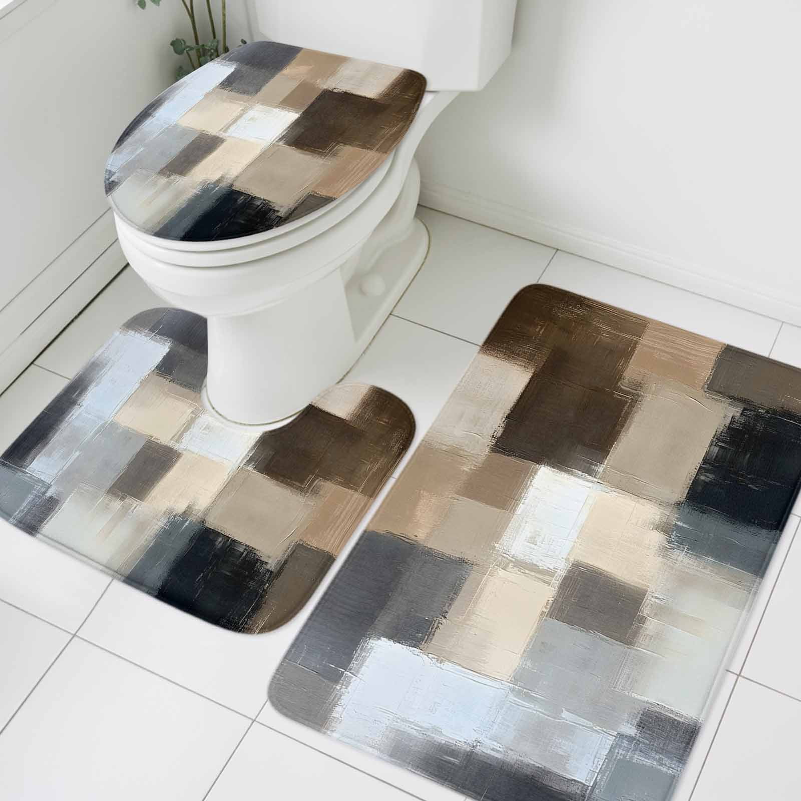 Abstract Color Block Bathroom Rugs Set Brown Beige Modern Oil Painting ...