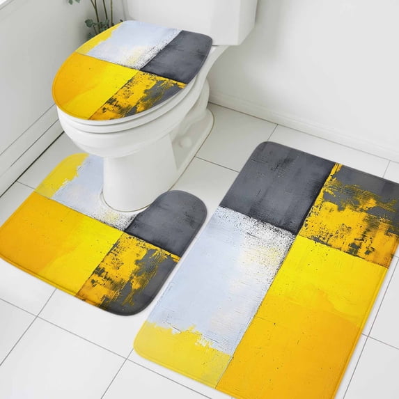 Abstract Color Block Bathroom Rugs Set White Yellow Black Modern Non Slip Absorbent Soft Bath Mats 3 Piece Set with Bathroom Rug, U-Shaped Floor Mat, Toilet Seat Cover Large Size