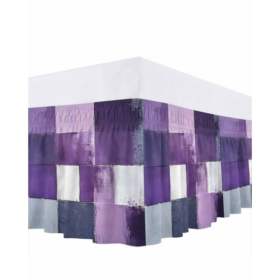 Abstract Color Block Bed Skirt Queen Size 18" Drop Dark Purple Block Oil Painting Gradient Ruffled Wrap Around Bed Skirts Adjustable Elastic Bedskirt Dust Ruffle for Queen Size Bed