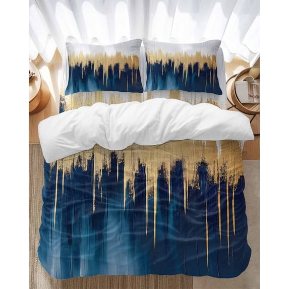 Abstract Color Block Bedding Duvet Cover Set Queen Size 4 Pieces Blue Block Gradient Gold Modern Bedding Set with Zipper Closure, 1 Comforter Cover 90x90 Inches 1 Flat Sheet & 2 Pillow Cases