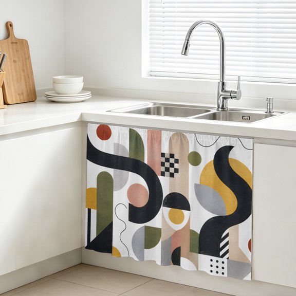 Abstract Color Block Cabinet Curtains for Kitchen 10"W x 11"L, Modern Black Pink Green Circle Arch Forms Under Sink Skirt Magic Tape Short Curtain Decorative Privacy Panel for Bathroom Laundry